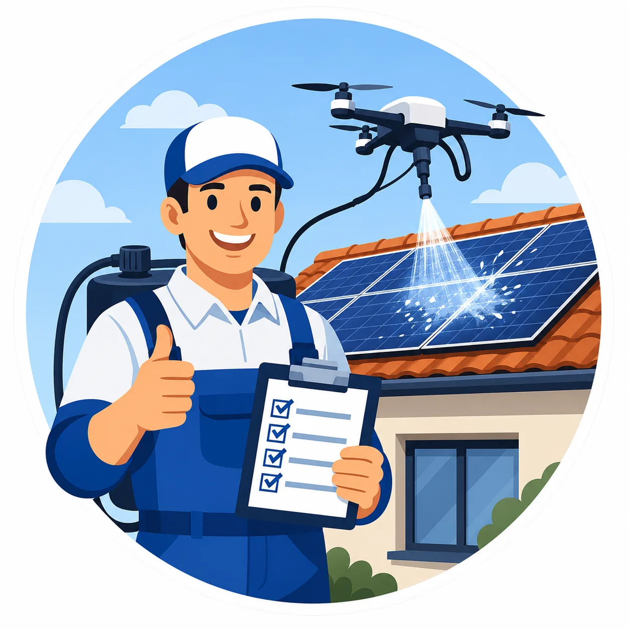 Illustration d’un drone nettoyant des panneaux solaires