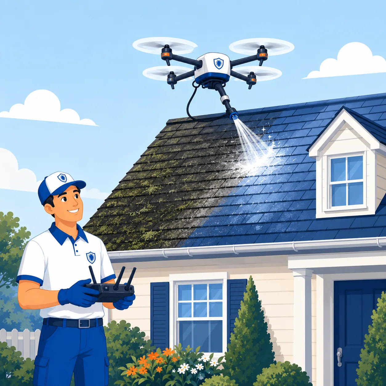 Illustration d’un drone nettoyant une toiture