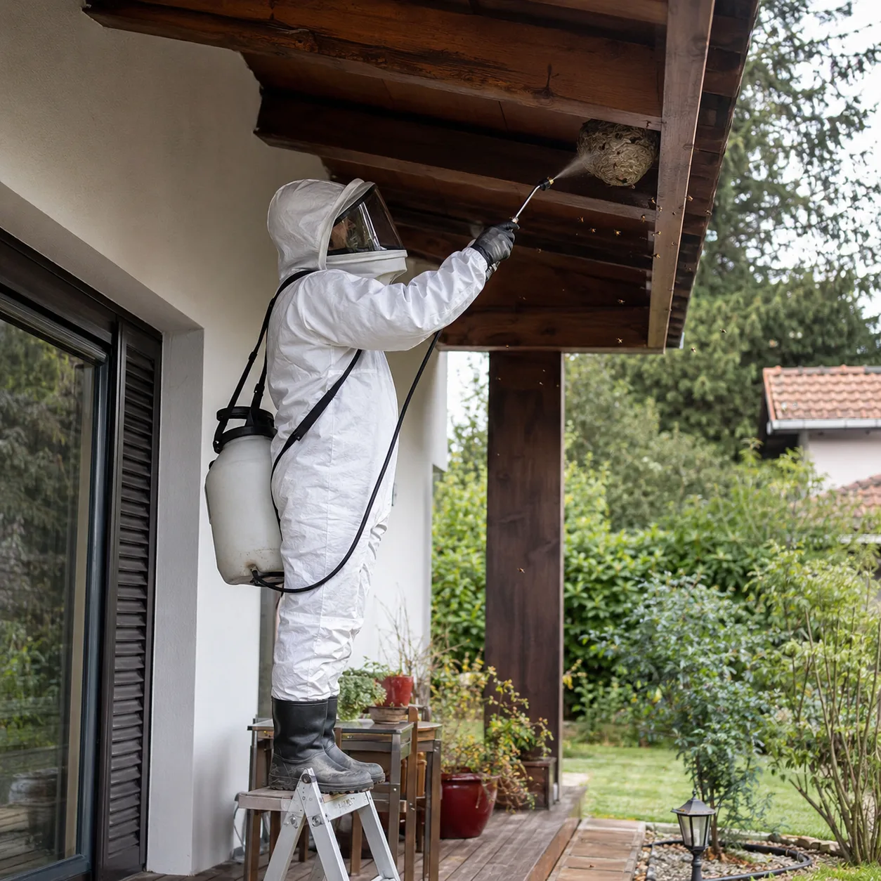 Illustration d’un technicien équipé intervenant sur un nid sous une toiture