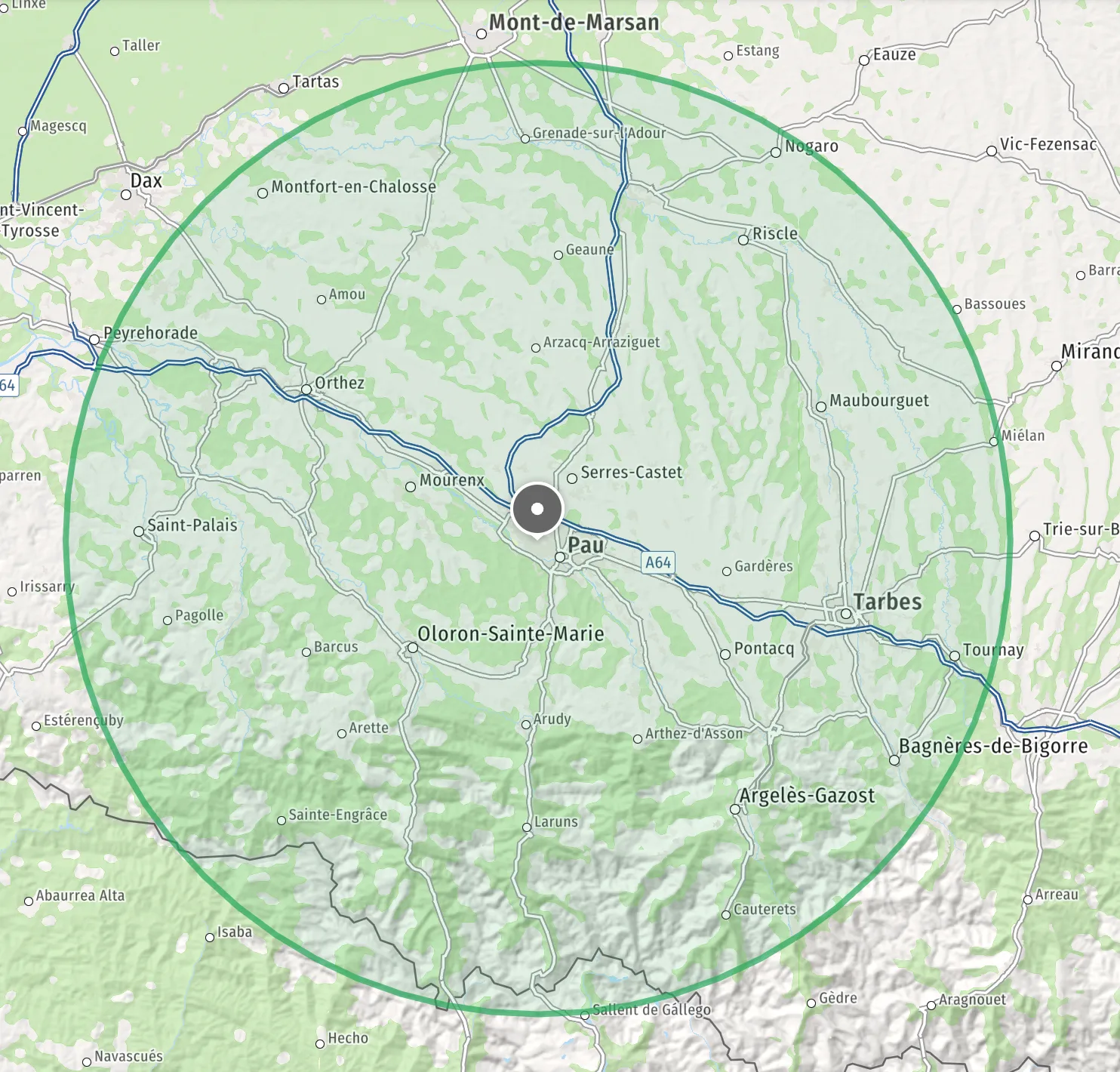 Carte présentant un rayon indicatif d’environ 60 kilomètres autour de Lons et Pau